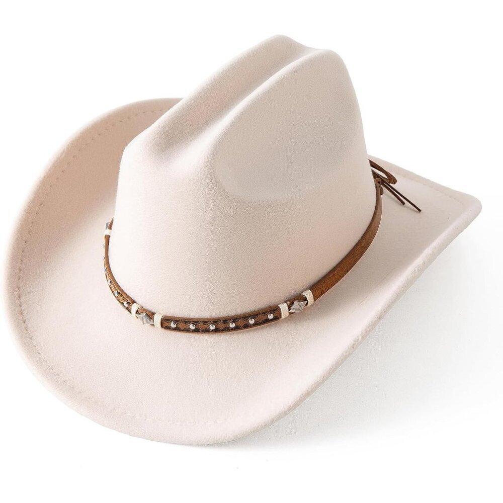 Women's Beige Western Studded Leather Accent Band Classic Fedora Felt Cowboy Hat